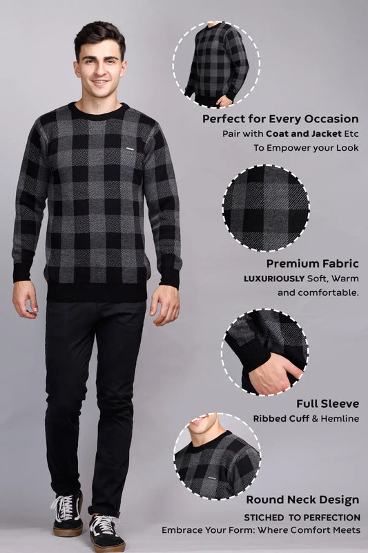 Charcoal Black Woolen Round Neck Men Sweater
