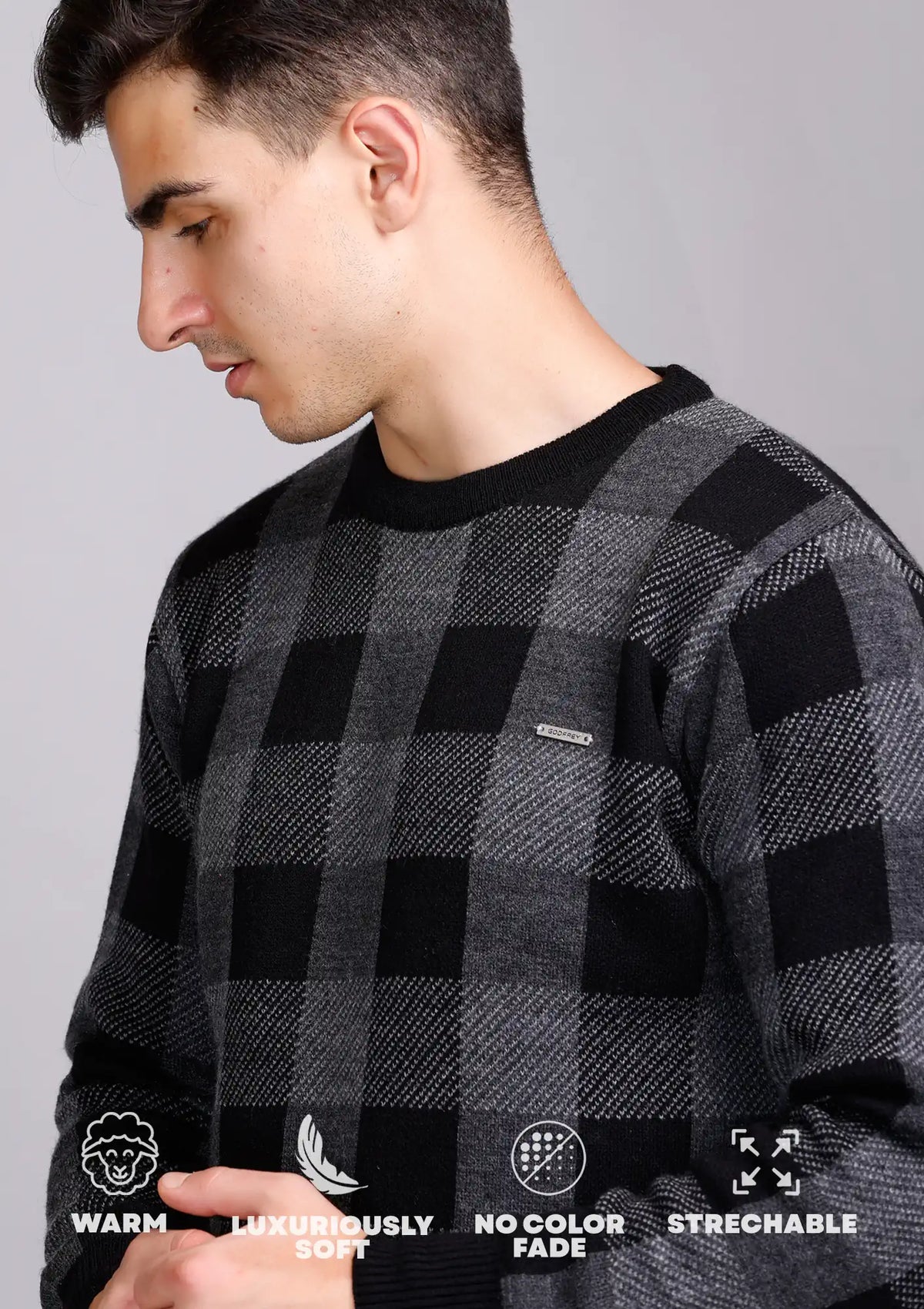 Charcoal Black Woolen Round Neck Men Sweater