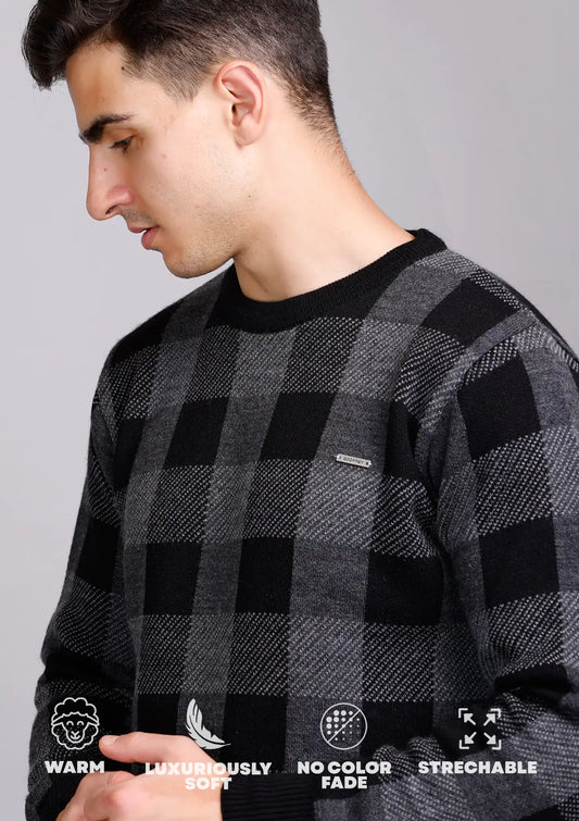 Charcoal Black Woolen Round Neck Men Sweater