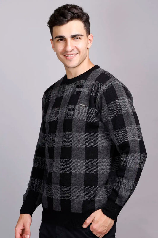 Charcoal Black Woolen Round Neck Men Sweater