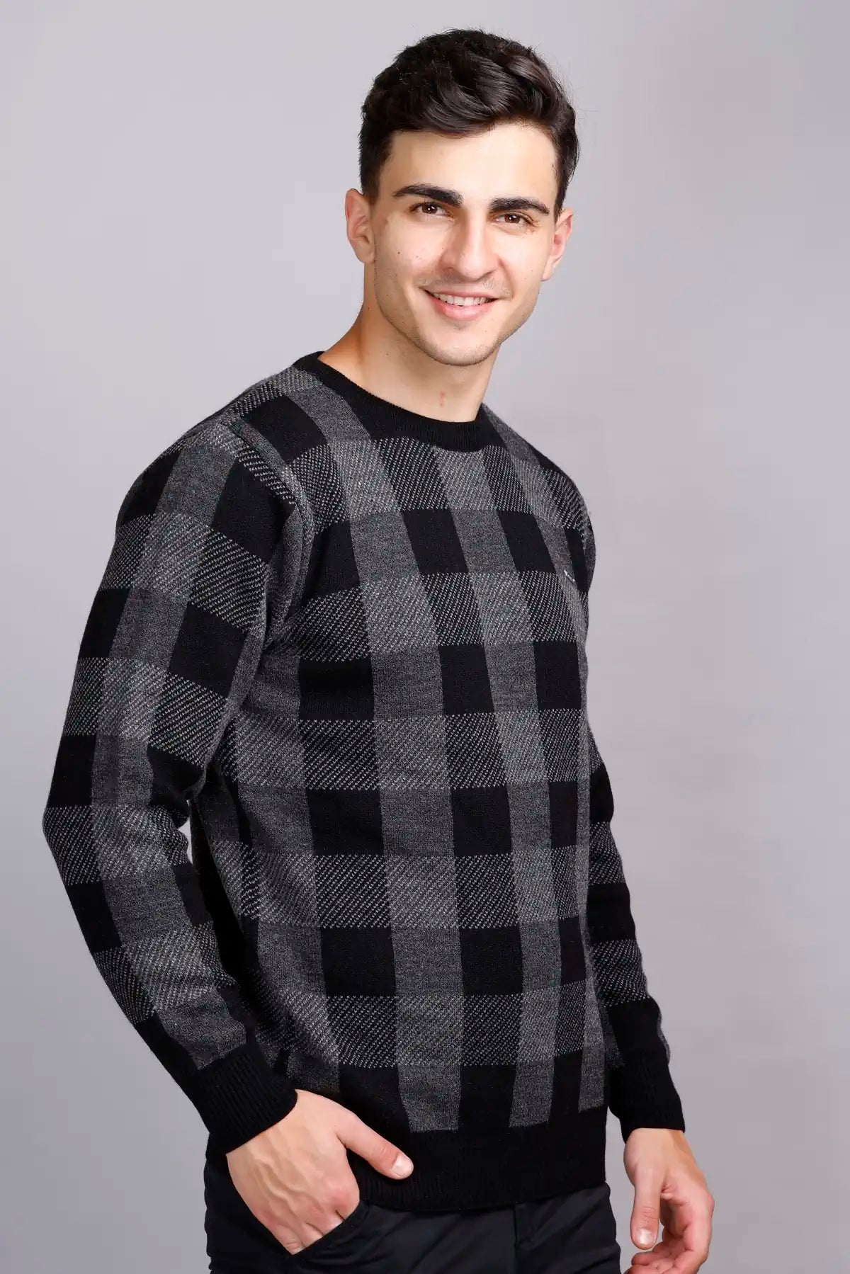 Charcoal Black Woolen Round Neck Men Sweater