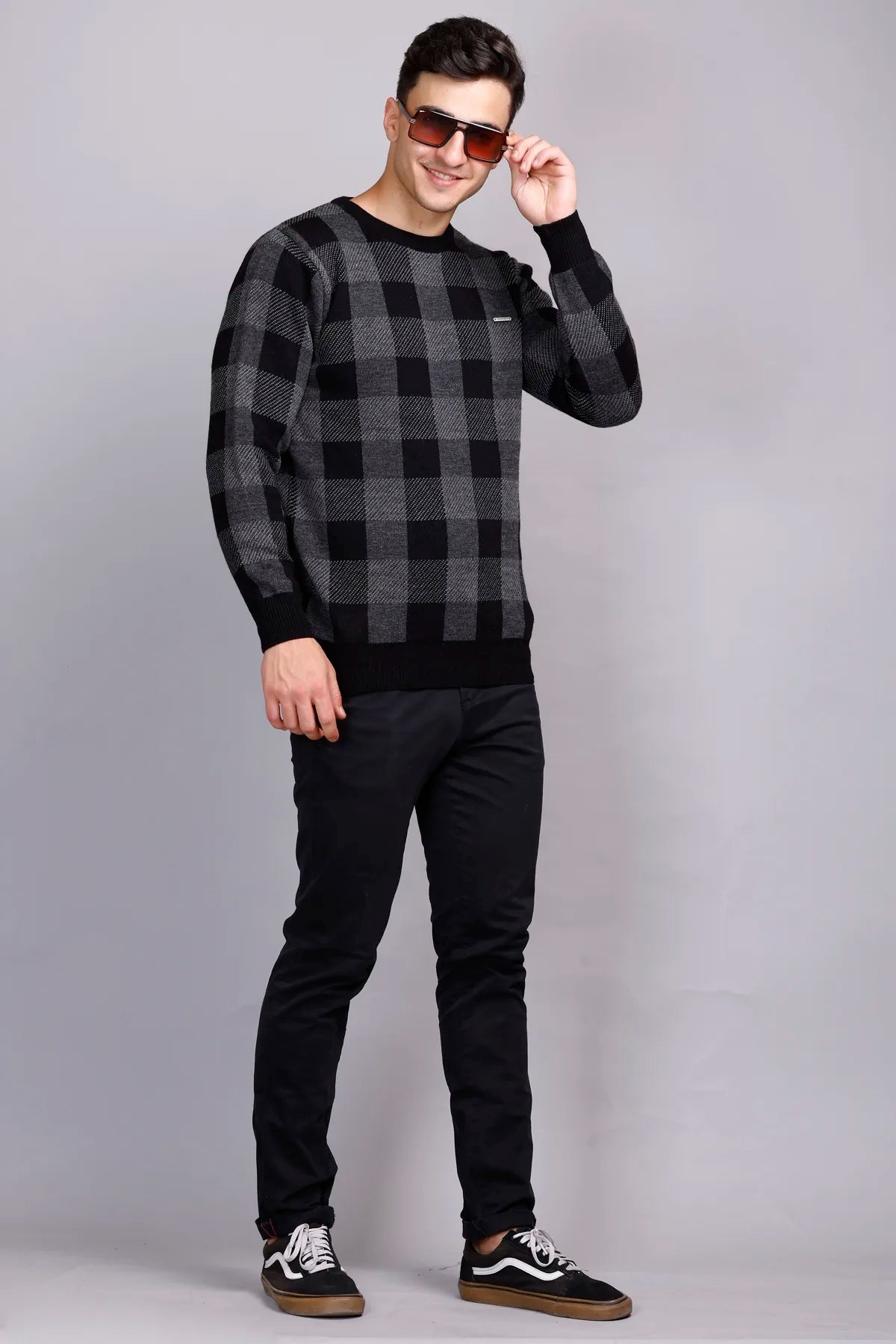 Charcoal Black Woolen Round Neck Men Sweater