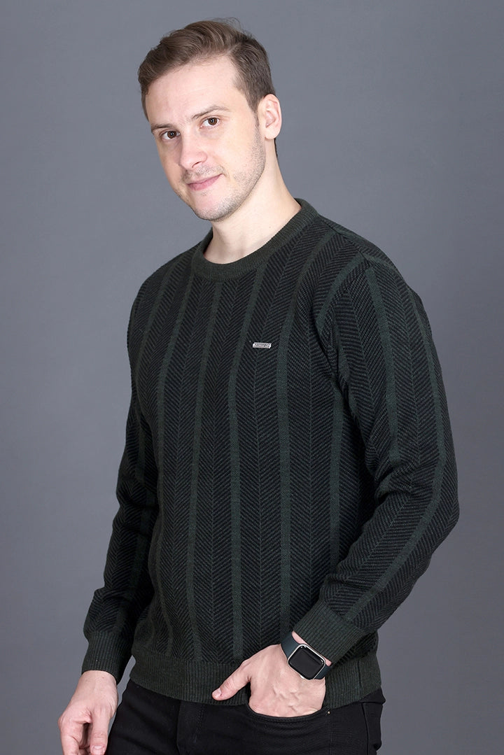 Olive Woolen Round Neck Designer Men Sweater