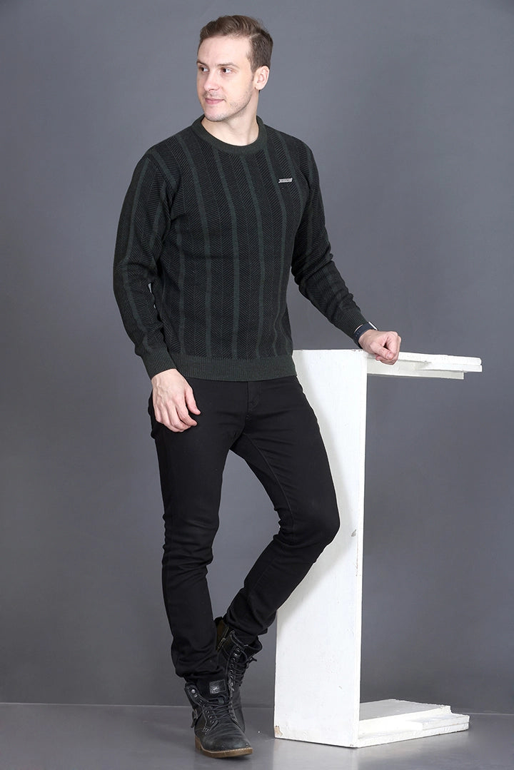 Olive Woolen Round Neck Designer Men Sweater