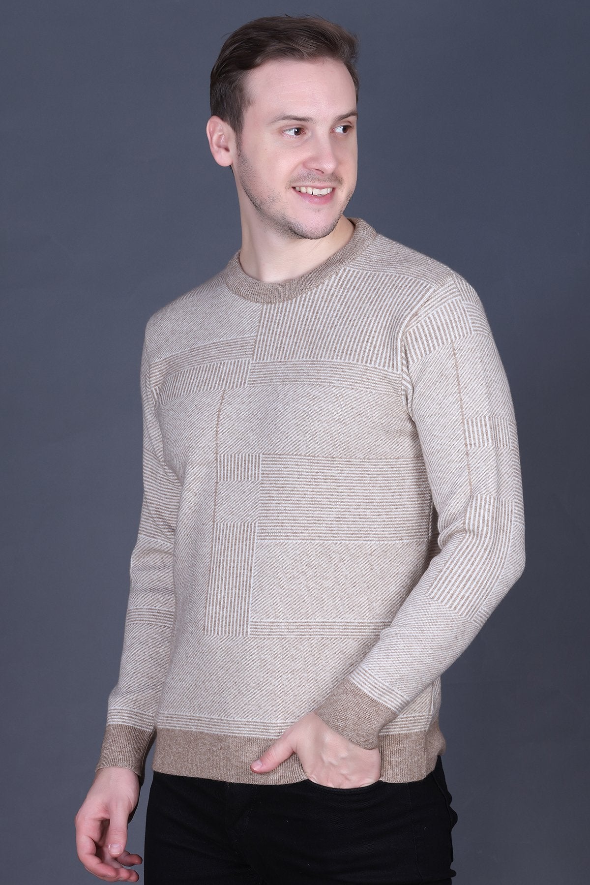 Mouse Brown Woolen Round Neck Designer Men Sweater