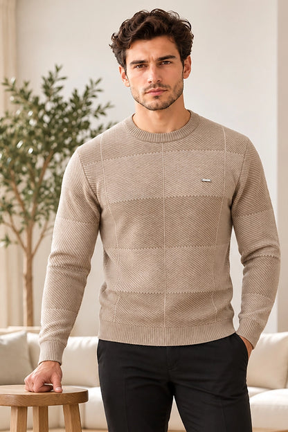 Beige Woolen Round Neck Men Sweater