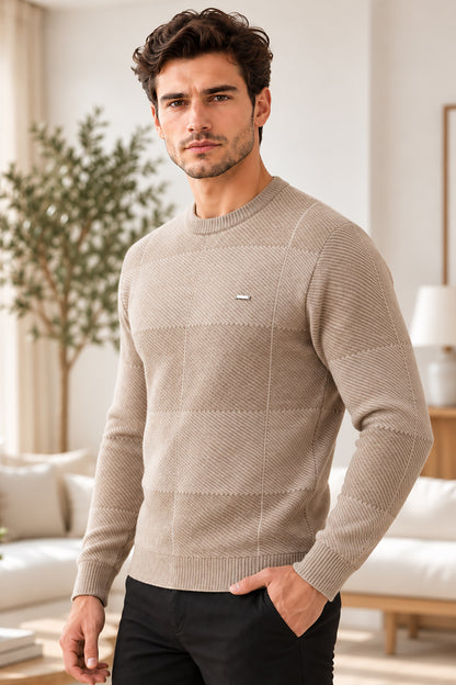 Beige Woolen Round Neck Men Sweater