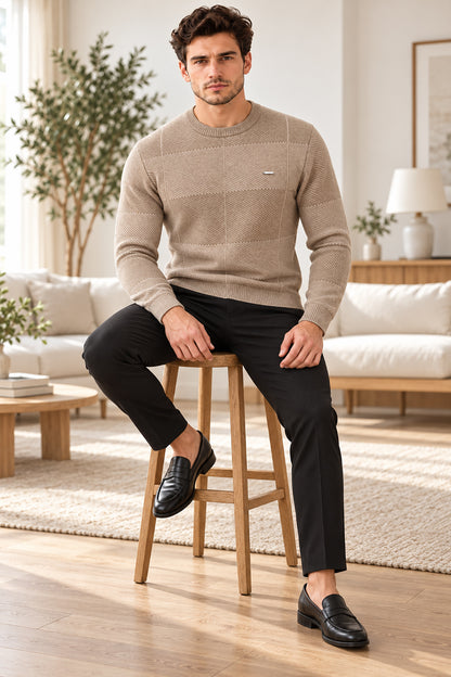 Beige Woolen Round Neck Men Sweater