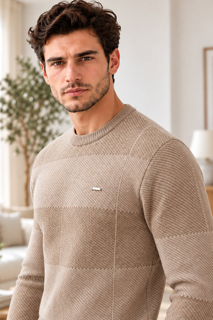 Beige Woolen Round Neck Men Sweater