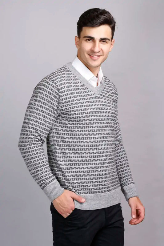Light Grey Woolen V-Neck Pullover Sweater for Men