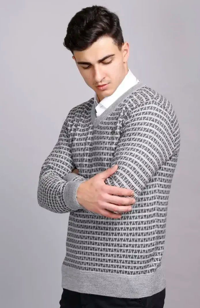 Light Grey Woolen V-Neck Pullover Sweater for Men