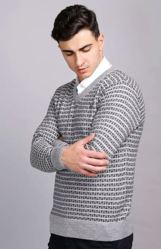 Light Grey Woolen V-Neck Pullover Sweater for Men