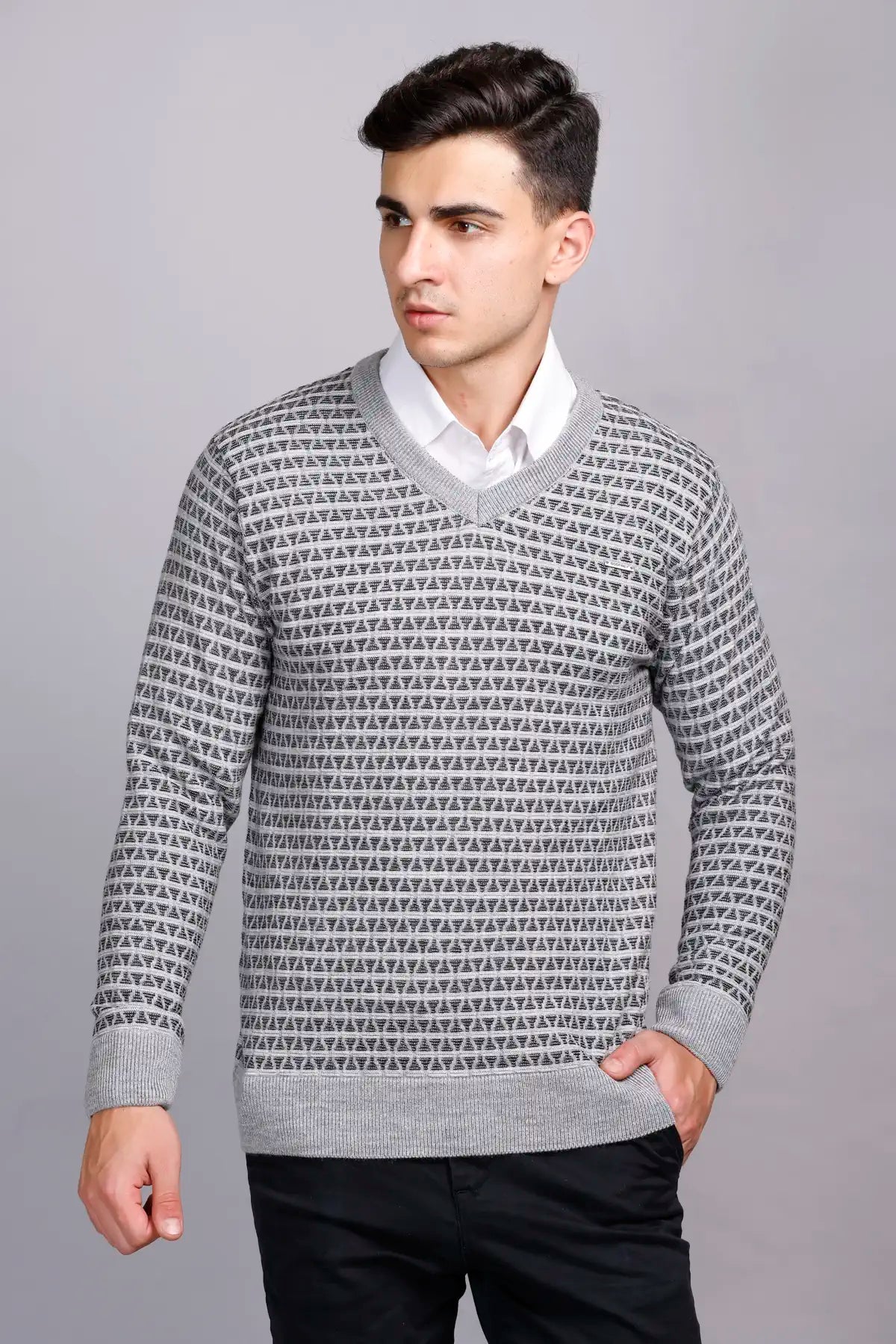 Light Grey Woolen V-Neck Pullover Sweater for Men