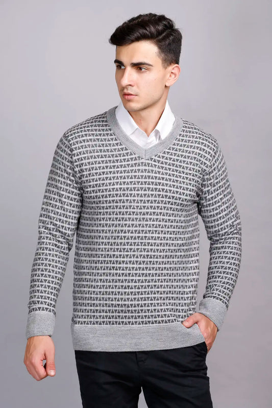 Light Grey Woolen V-Neck Pullover Sweater for Men