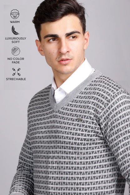 Light Grey Woolen V-Neck Pullover Sweater for Men