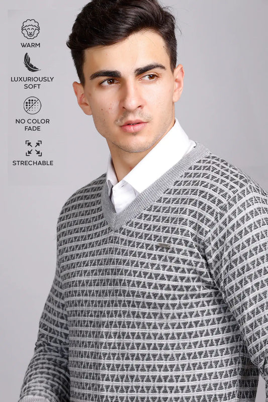 Light Grey Woolen V-Neck Pullover Sweater for Men
