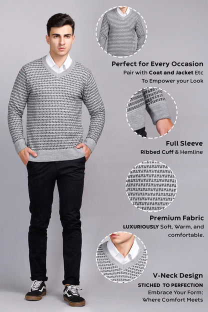 Light Grey Woolen V-Neck Pullover Sweater for Men