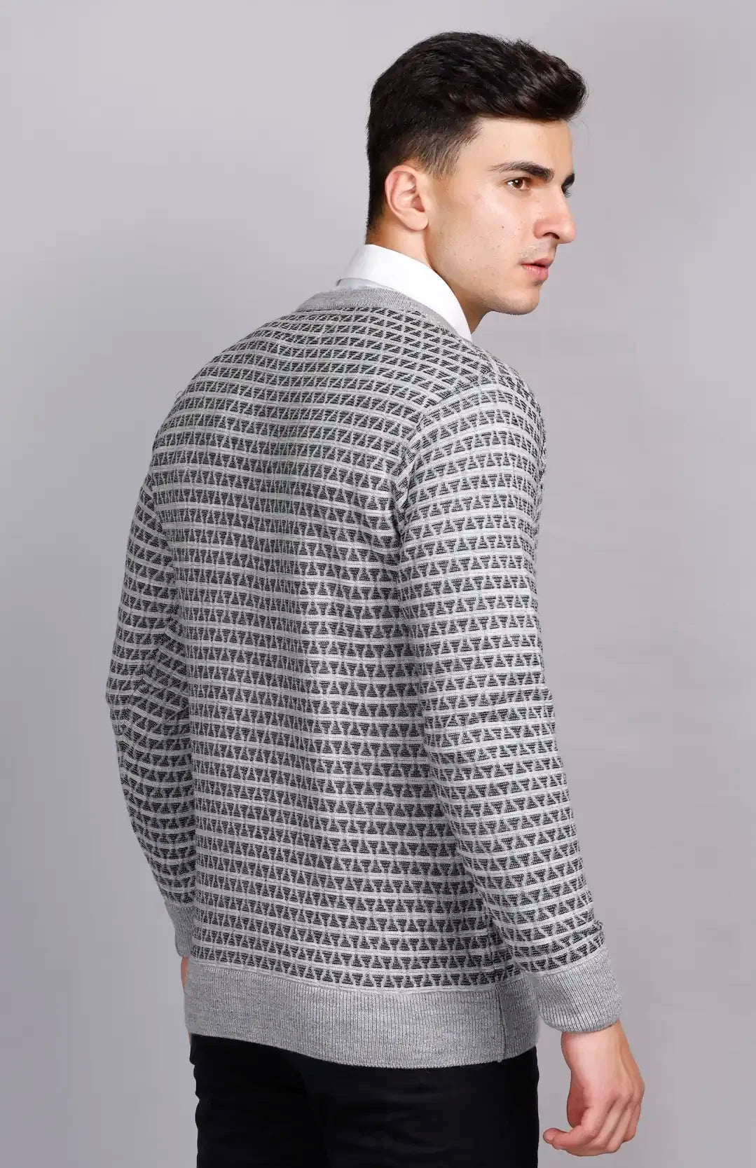 Light Grey Woolen V-Neck Pullover Sweater for Men
