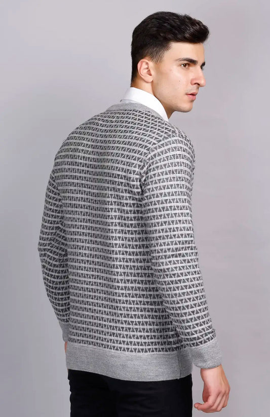 Light Grey Woolen V-Neck Pullover Sweater for Men