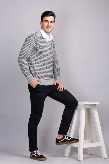 Light Grey Woolen V-Neck Pullover Sweater for Men