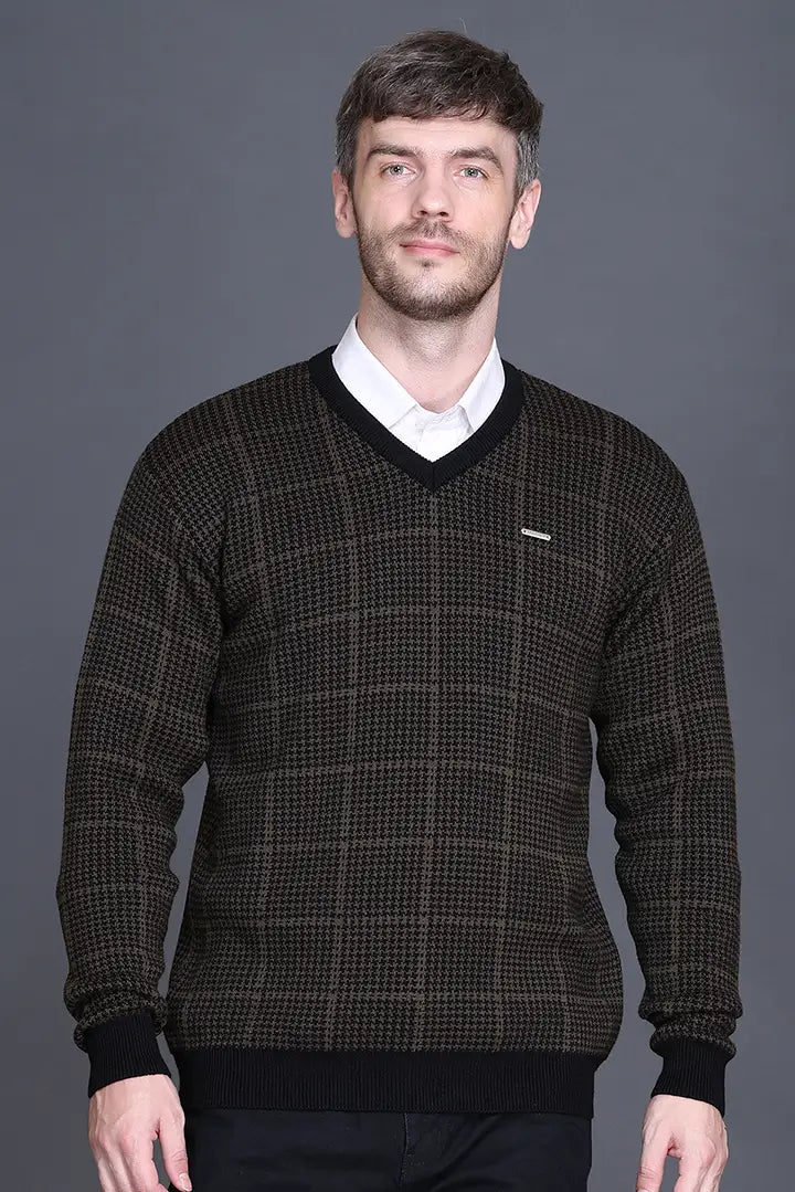 Military Brown Woolen V-Neck Designer Men Sweater