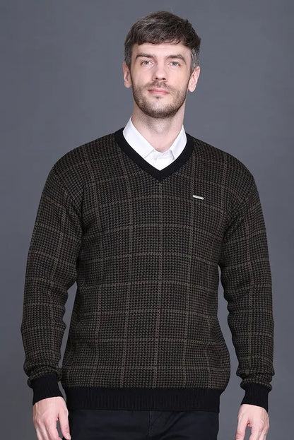 Military Brown Woolen V-Neck Designer Men Sweater