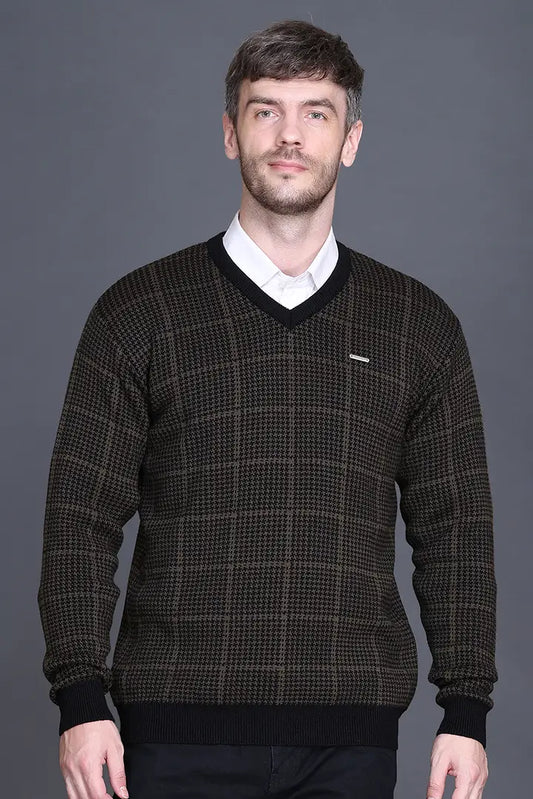 Military Brown Woolen V-Neck Designer Men Sweater