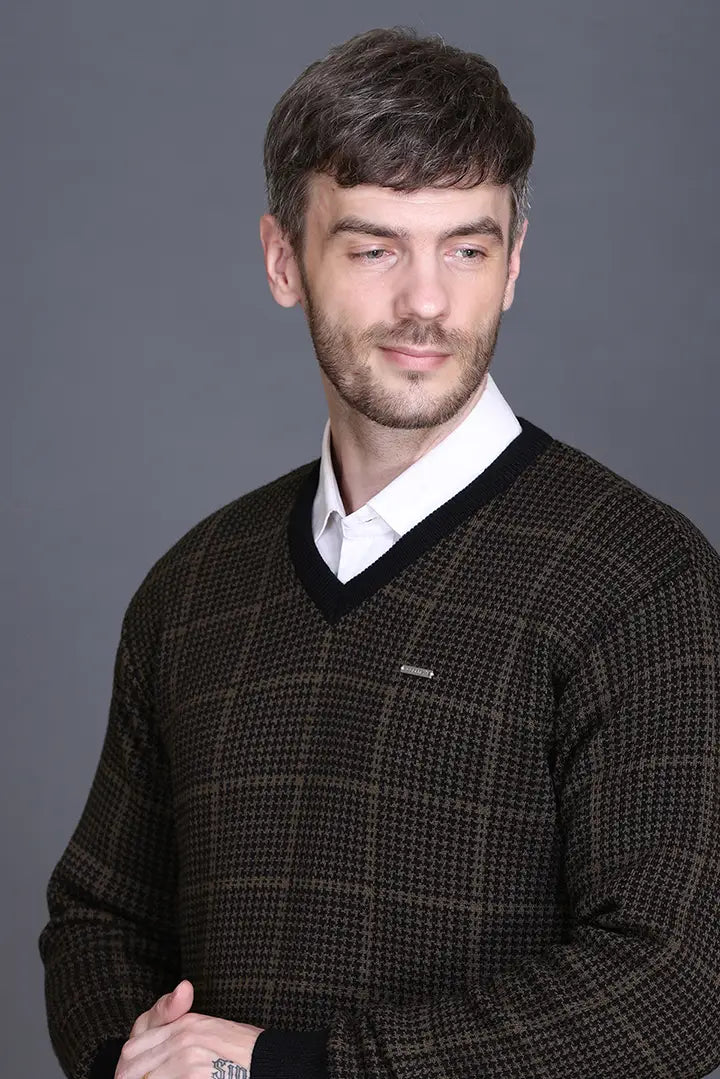 Military Brown Woolen V-Neck Designer Men Sweater