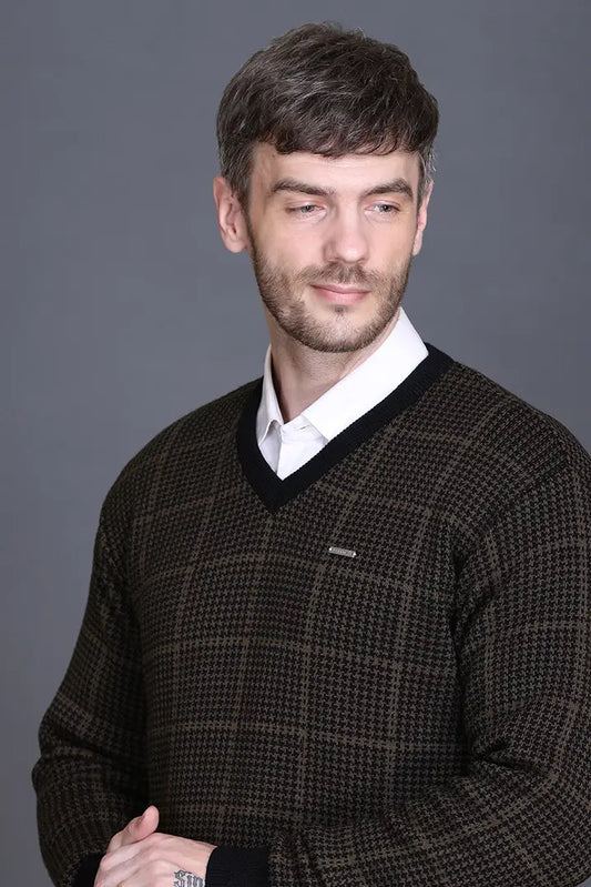 Military Brown Woolen V-Neck Designer Men Sweater