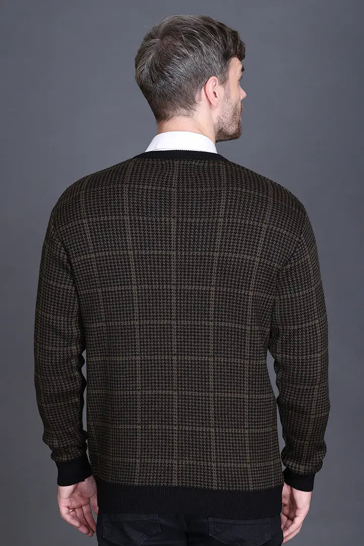 Military Brown Woolen V-Neck Designer Men Sweater