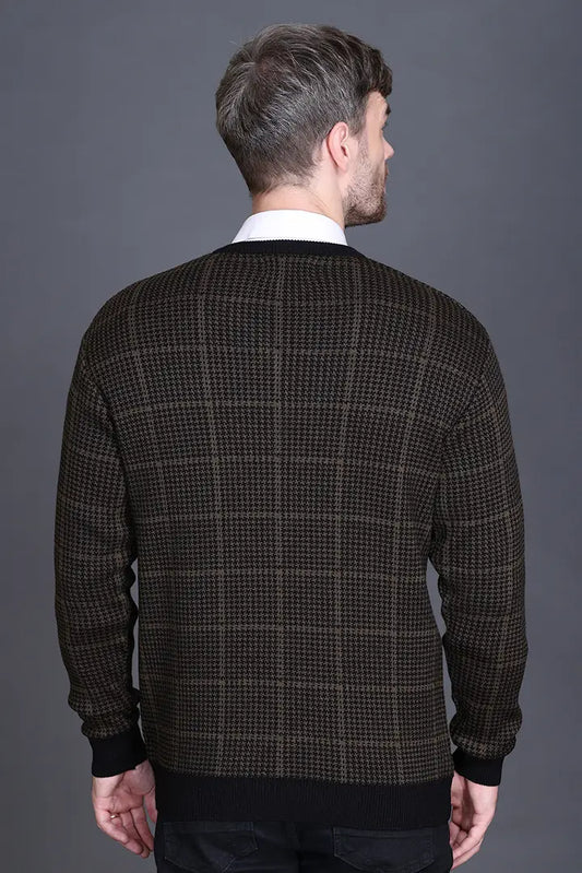 Military Brown Woolen V-Neck Designer Men Sweater