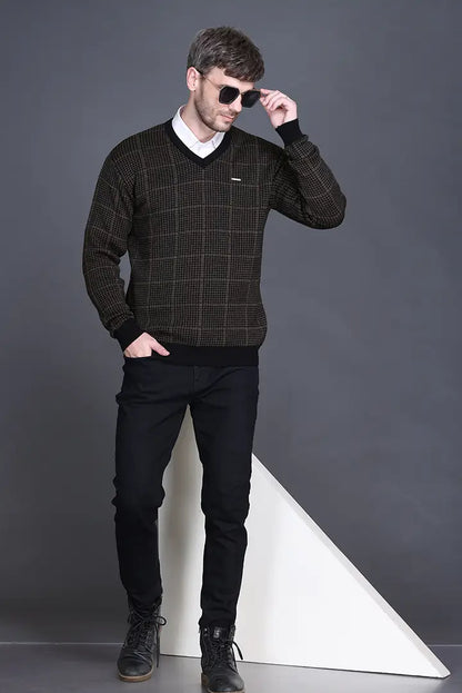 Military Brown Woolen V-Neck Designer Men Sweater