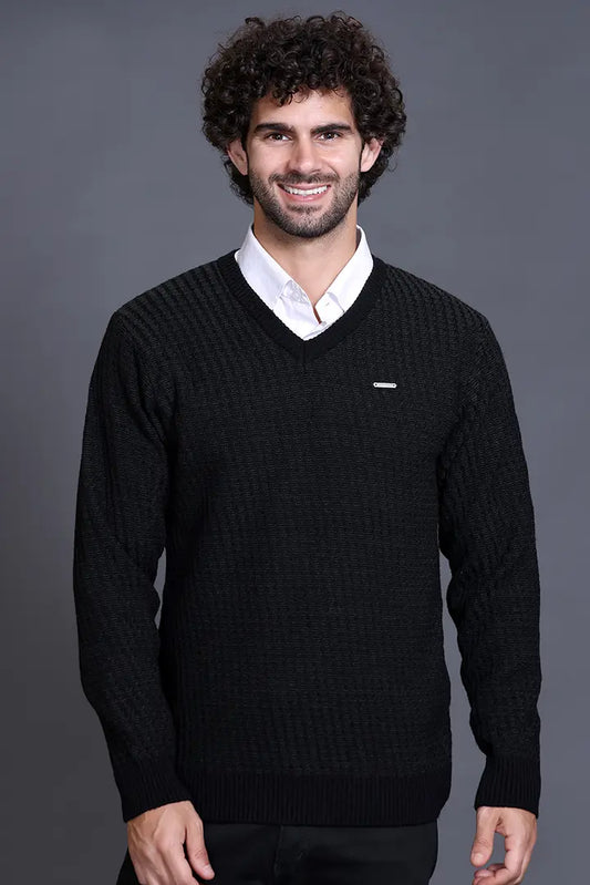 Black Woolen V-Neck Designer Men Sweater