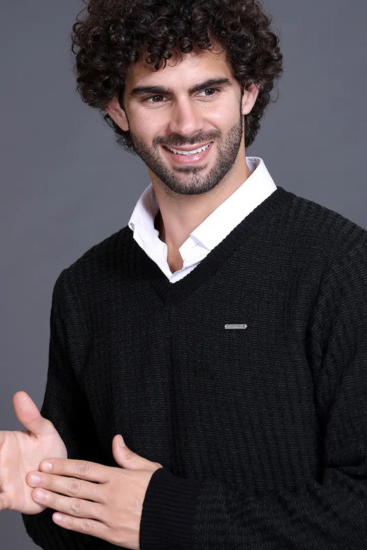 Black Woolen V-Neck Designer Men Sweater