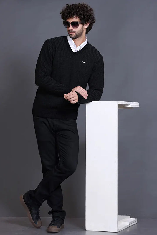 Black Woolen V-Neck Designer Men Sweater