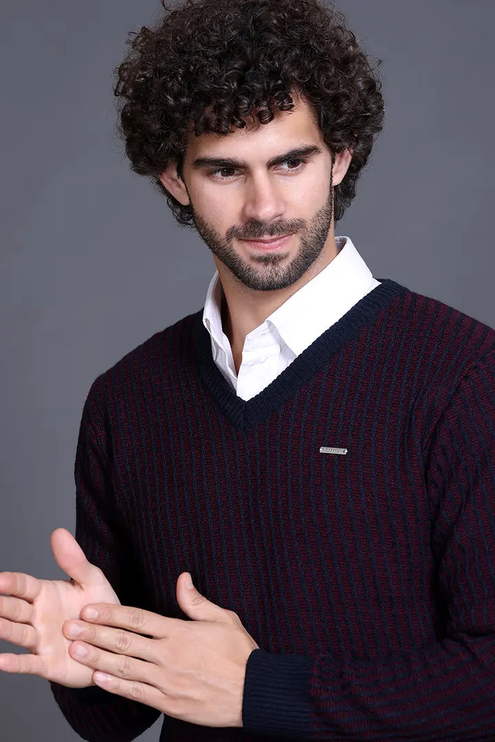 Navy Woolen V-Neck Designer Men Sweater