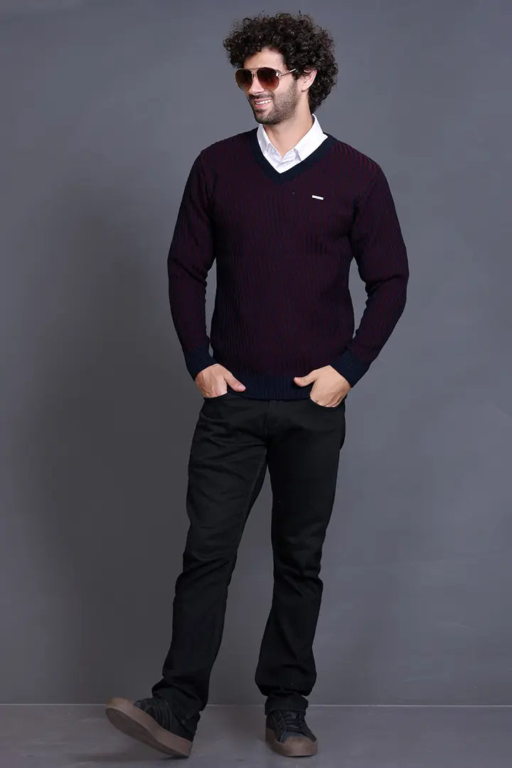 Navy Woolen V-Neck Designer Men Sweater