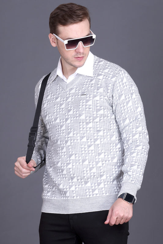 Off White Woolen V-Neck Designer Men Sweater