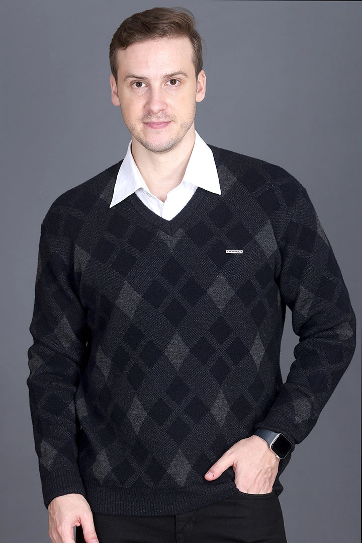 Black Grey Woolen V-Neck Designer Men Sweater