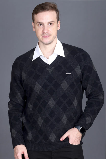 Black Grey Woolen V-Neck Designer Men Sweater