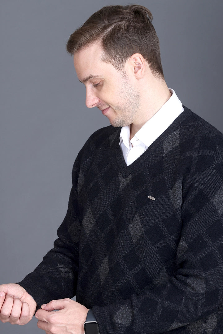 Black Grey Woolen V-Neck Designer Men Sweater