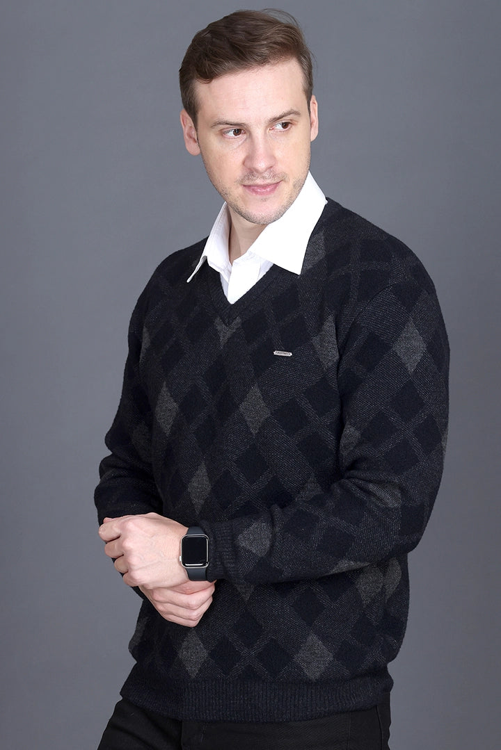 Black Grey Woolen V-Neck Designer Men Sweater