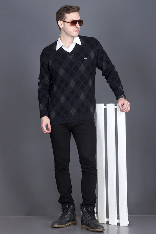 Black Grey Woolen V-Neck Designer Men Sweater