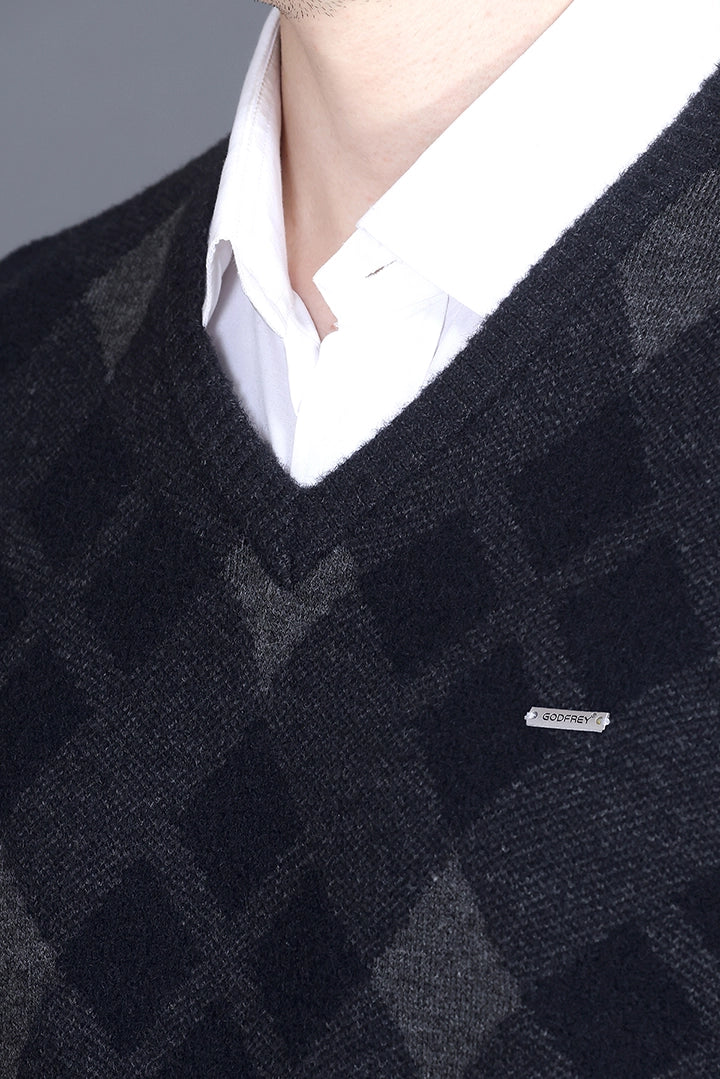 Black Grey Woolen V-Neck Designer Men Sweater