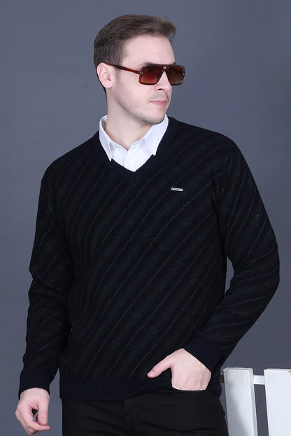 Black Olive Woolen V-Neck Designer Men Sweater