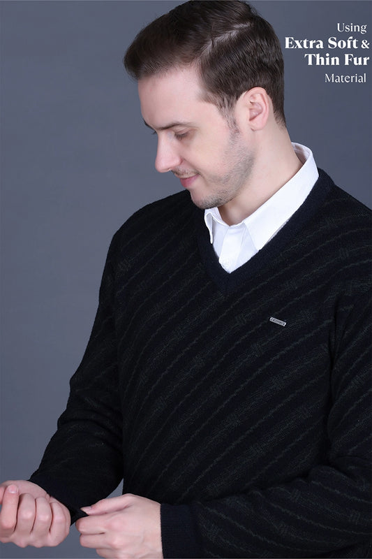 Black Olive Woolen V-Neck Designer Men Sweater