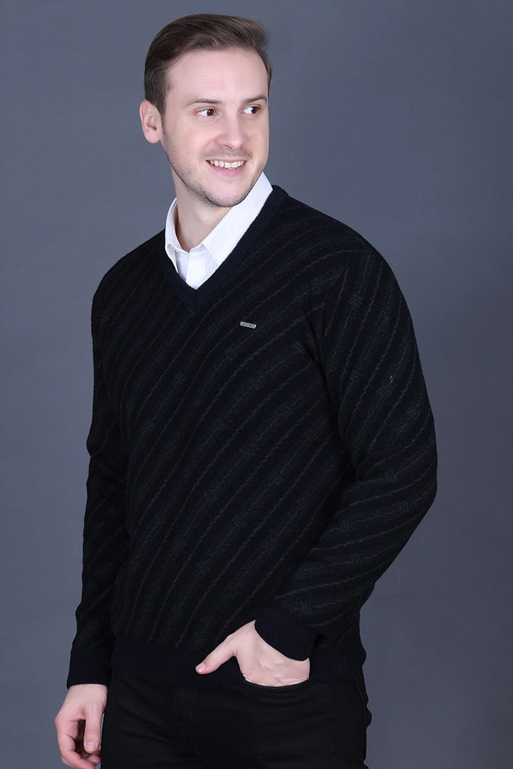 Black Olive Woolen V-Neck Designer Men Sweater