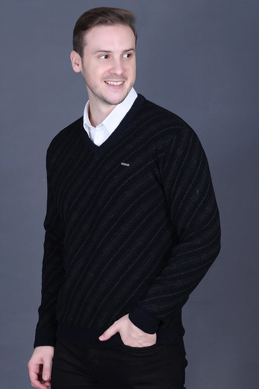 Black Olive Woolen V-Neck Designer Men Sweater