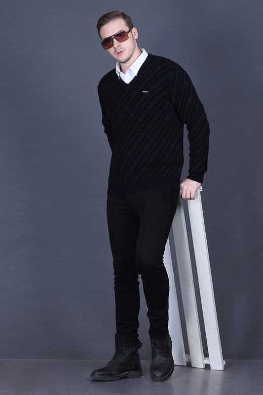 Black Olive Woolen V-Neck Designer Men Sweater