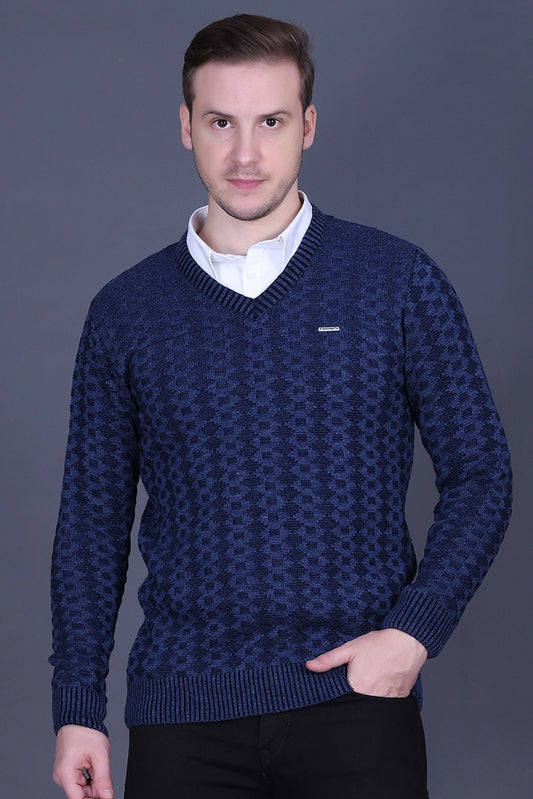Denim Woolen V-Neck Pullover Sweater for Men